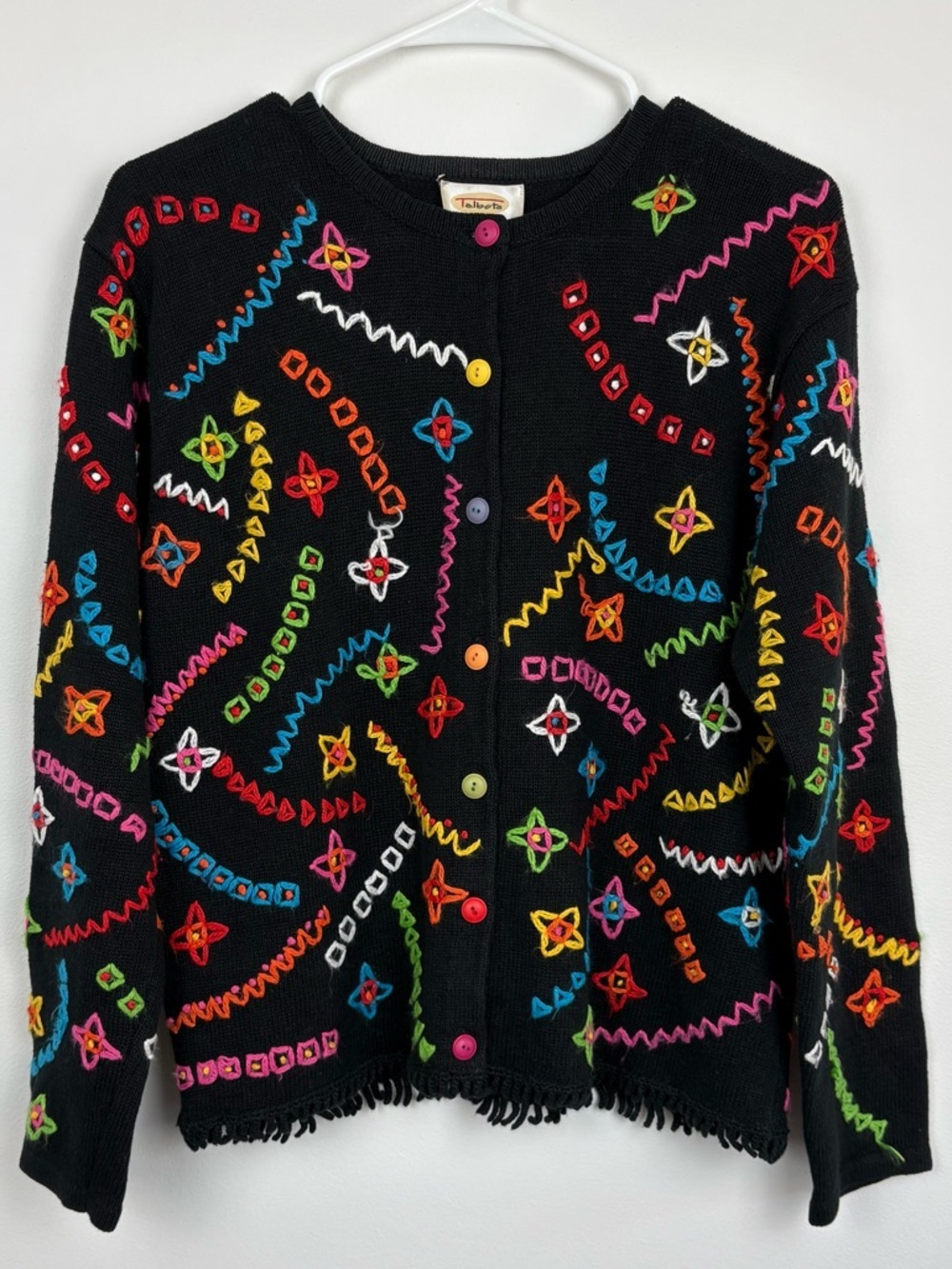 Vintage Talbots Black Knit Cardigan with Multicolor Embroidery Medium boho
